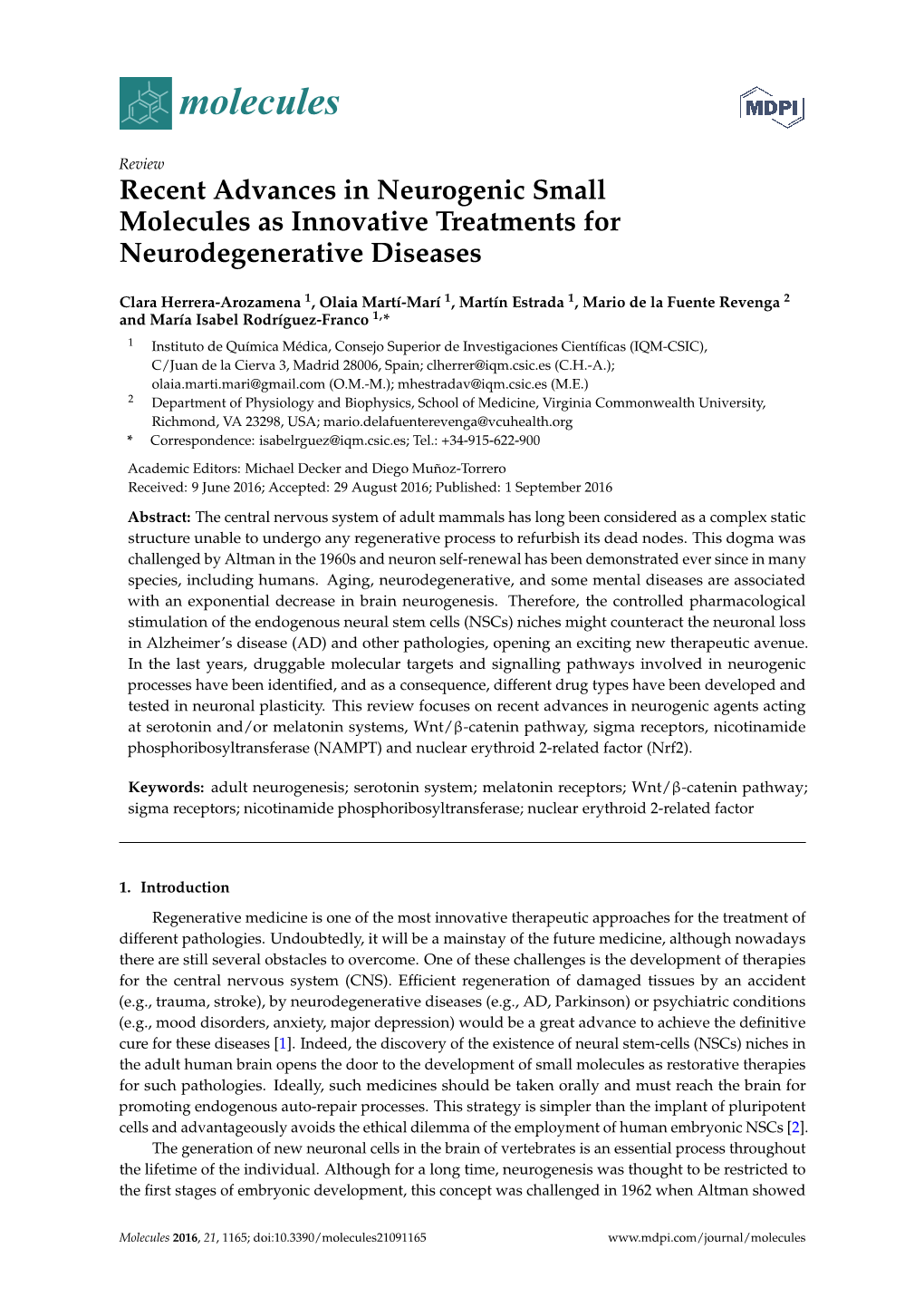 Recent Advances in Neurogenic Small Molecules As Innovative Treatments for Neurodegenerative Diseases