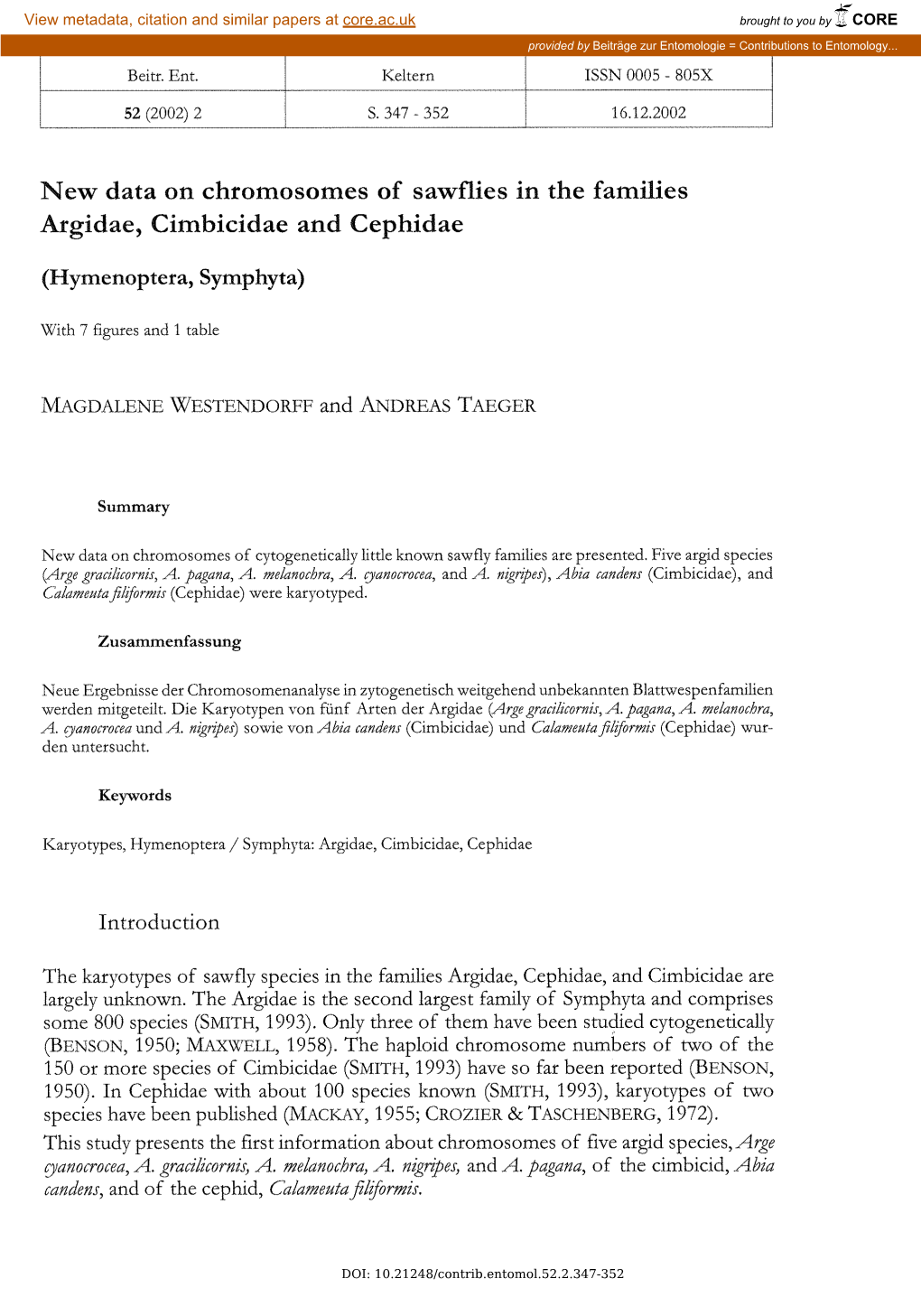 New Data on Chromosomes of Sawflies in the Families Argidae, Cimbicidae and Cephidae