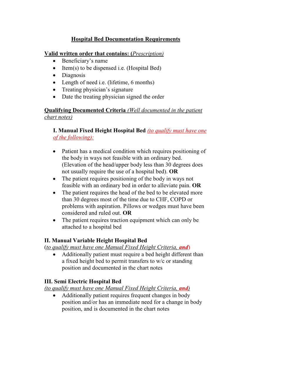 Hospital Bed Criteria