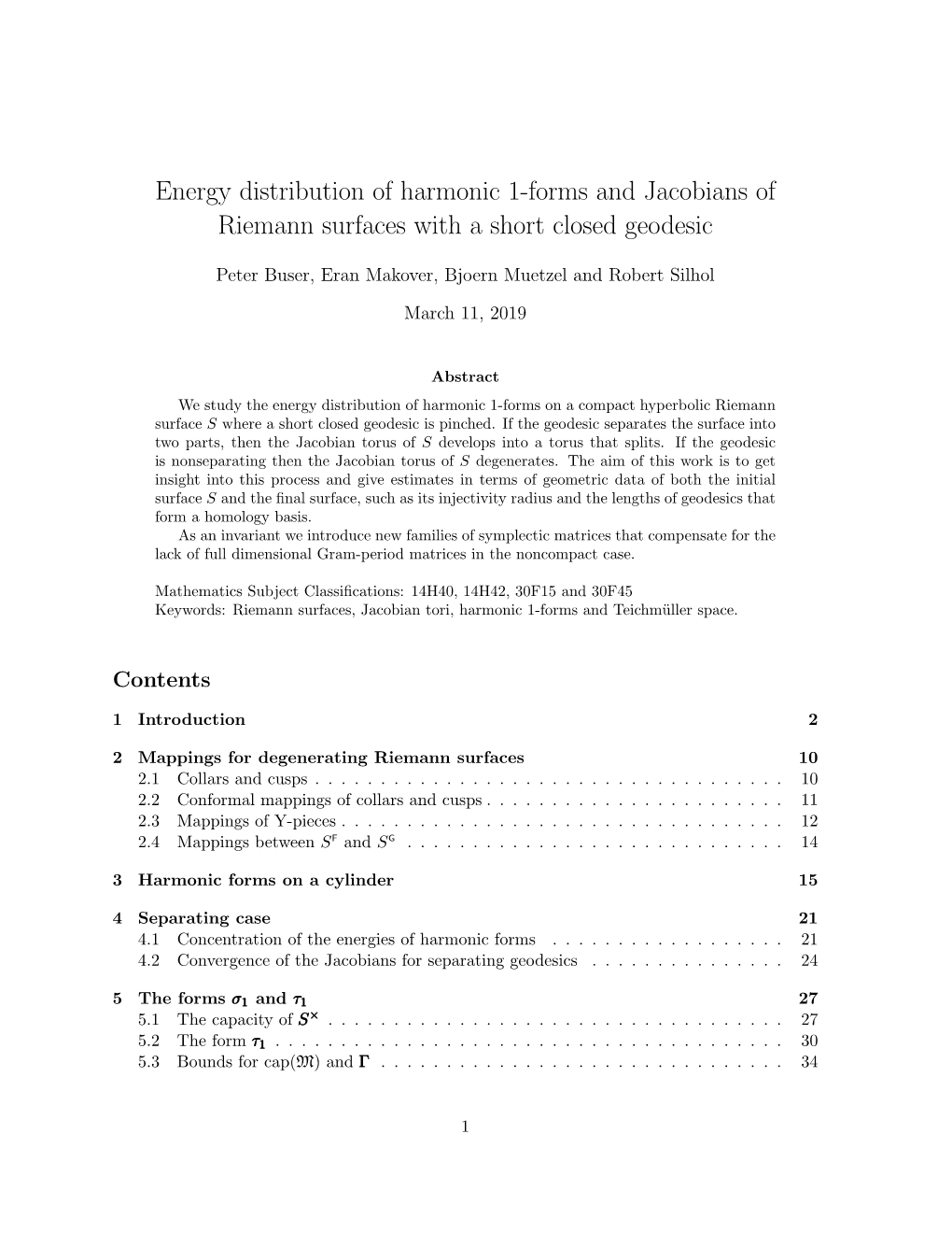 Energy Distribution of Harmonic 1-Forms and Jacobians of Riemann Surfaces with a Short Closed Geodesic