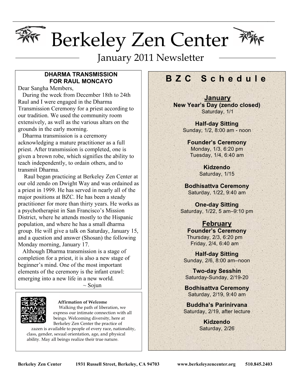 Berkeley Zen Center January 2011 Newsletter