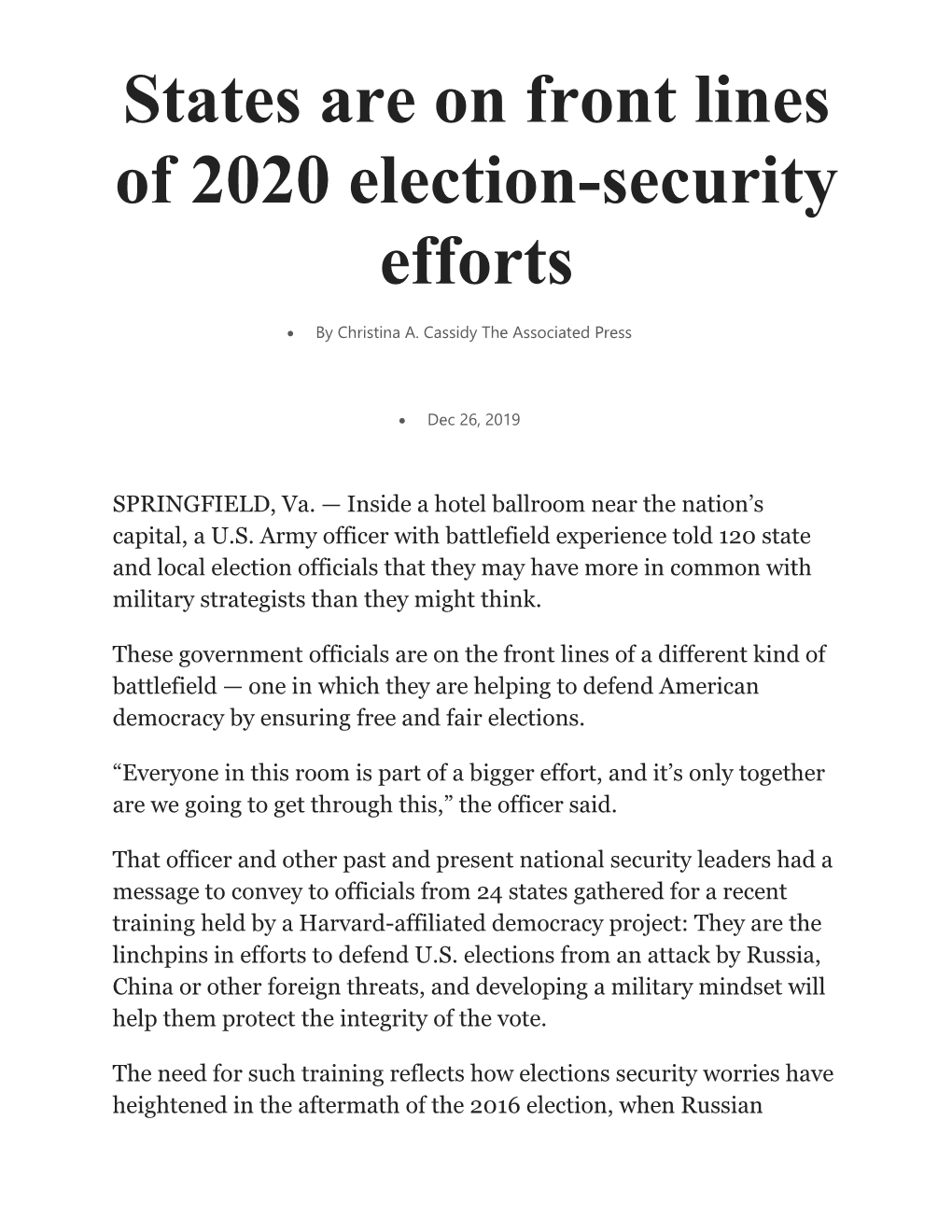 States Are on Front Lines of 2020 Election-Security Efforts