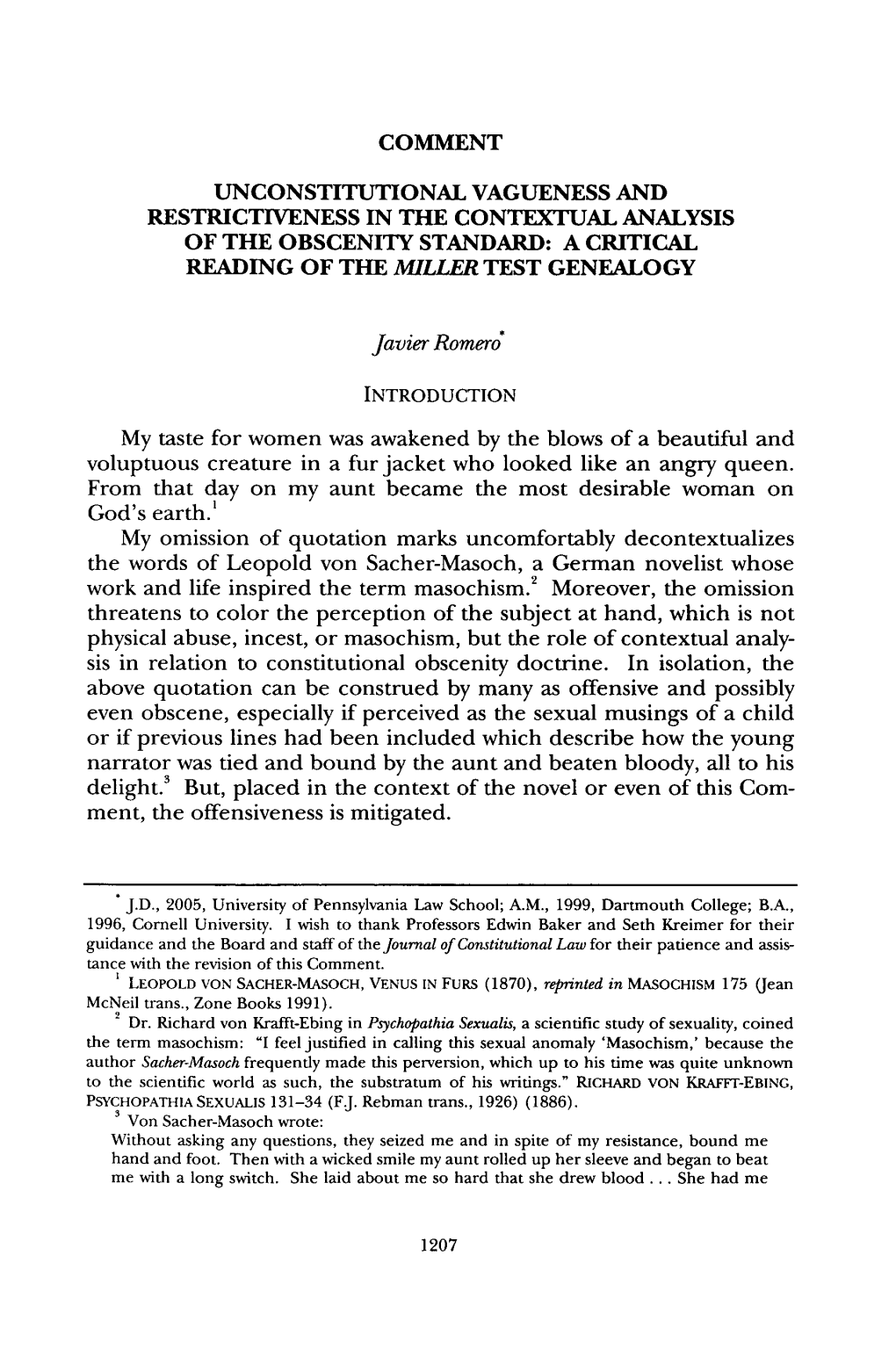 Unconstitutional Vagueness and Restrictiveness in the Contextual Analysis of the Obscenity Standard: a Critical Reading of the Miller Test Genealogy