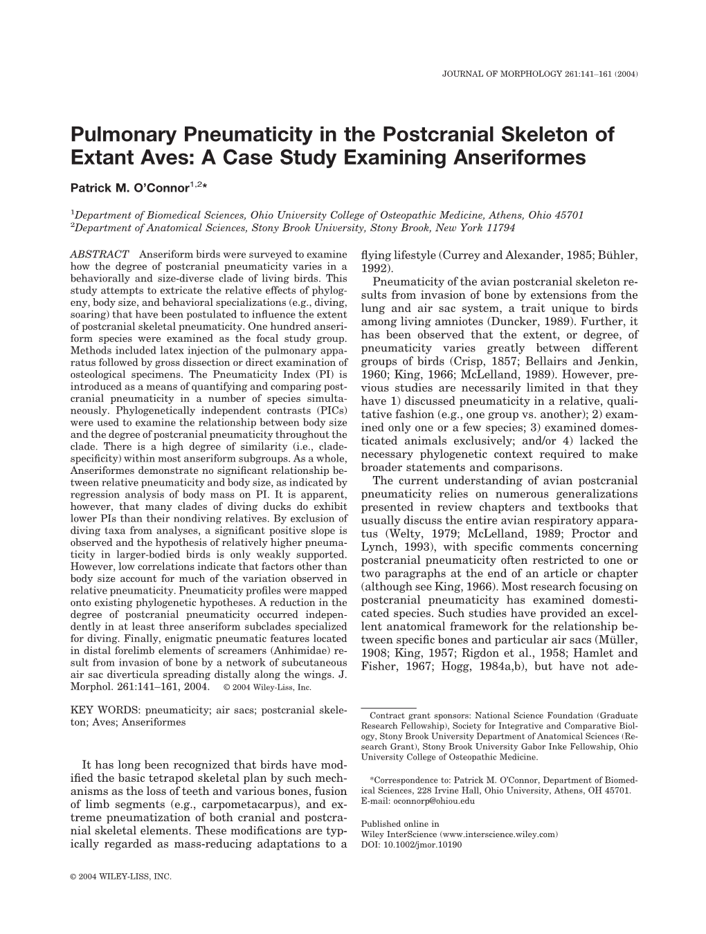 Pulmonary Pneumaticity in the Postcranial Skeleton of Extant Aves: a Case Study Examining Anseriformes