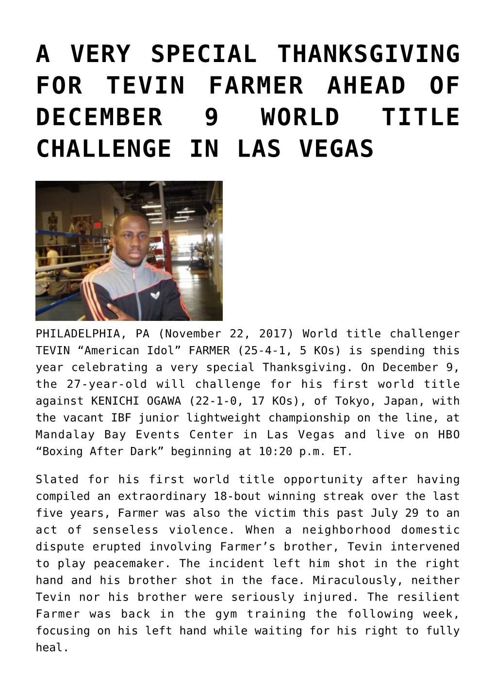 A Very Special Thanksgiving for Tevin Farmer Ahead of December 9 World Title Challenge in Las Vegas