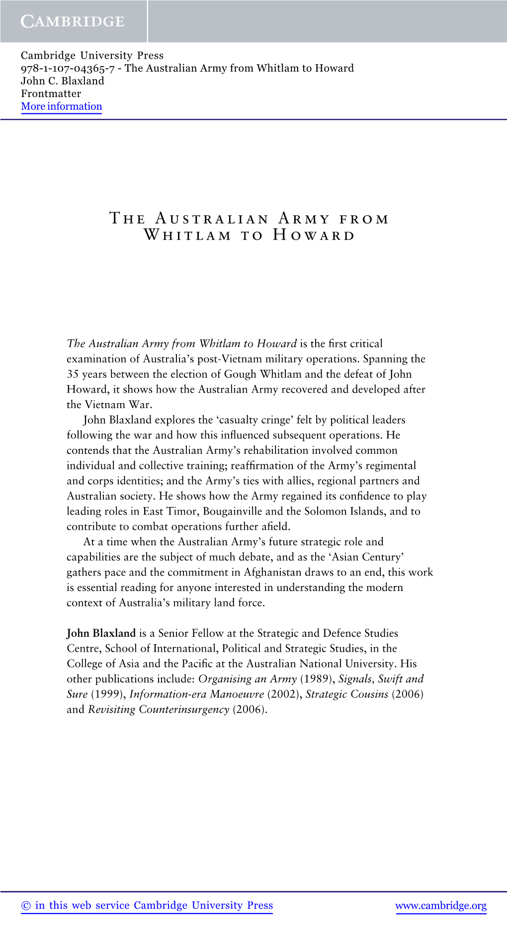 The Australian Army from Whitlam to Howard John C