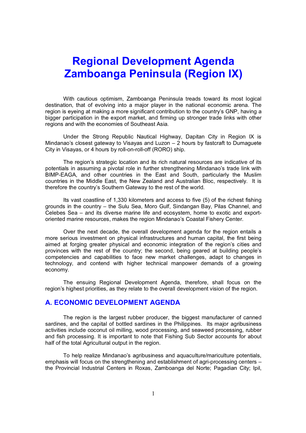 Regional Development Agenda Zamboanga Peninsula (Region IX)