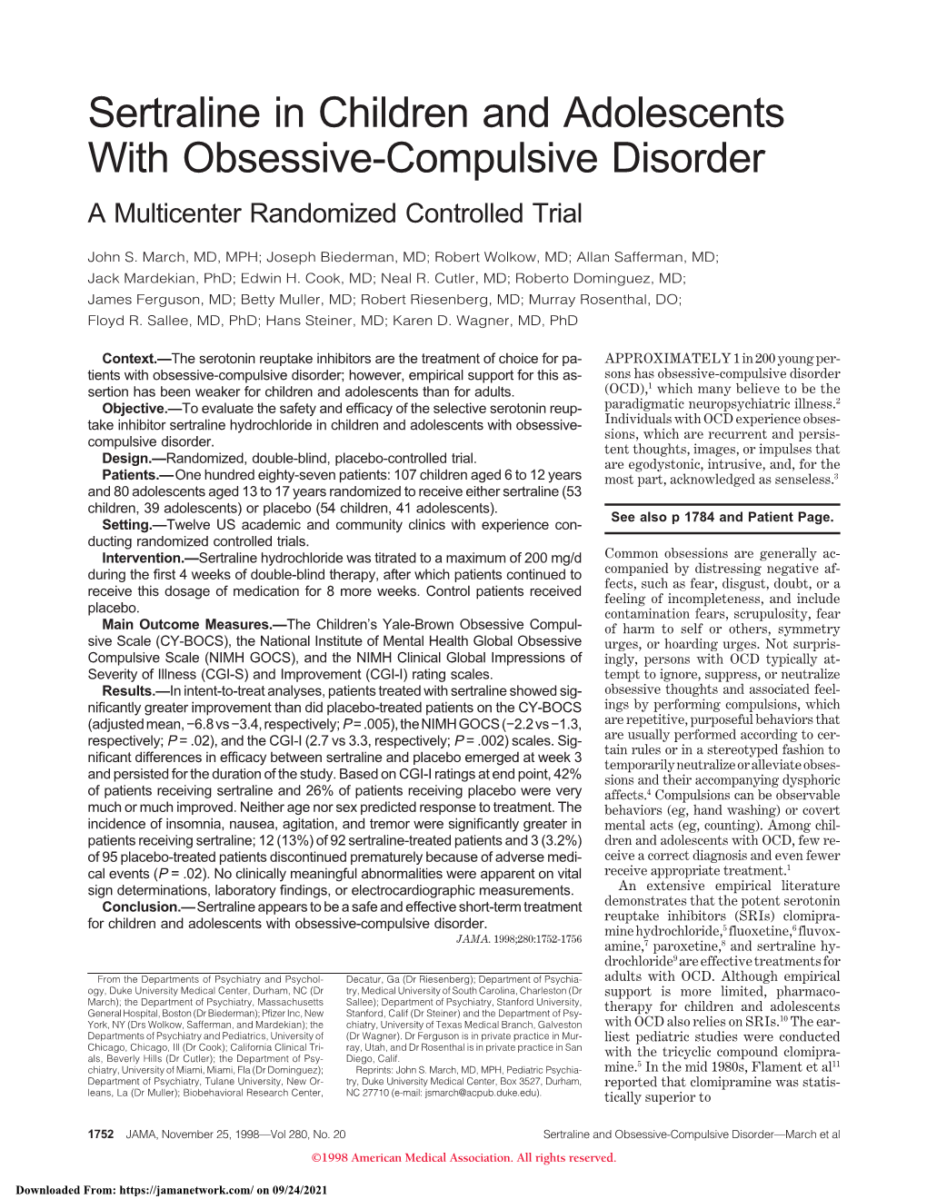 Sertraline in Children and Adolescents with Obsessive-Compulsive Disorder a Multicenter Randomized Controlled Trial