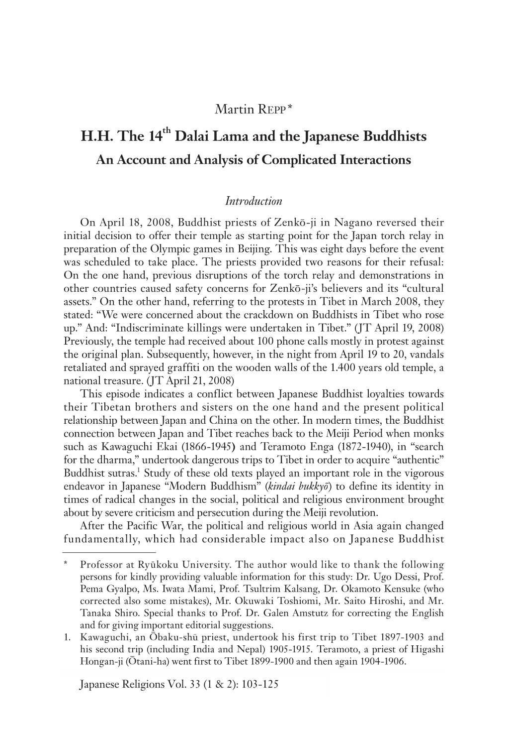 Martin Repp, H.H. the 14Th Dalai Lama and the Japanese Buddhists, an Account and Analysis Of