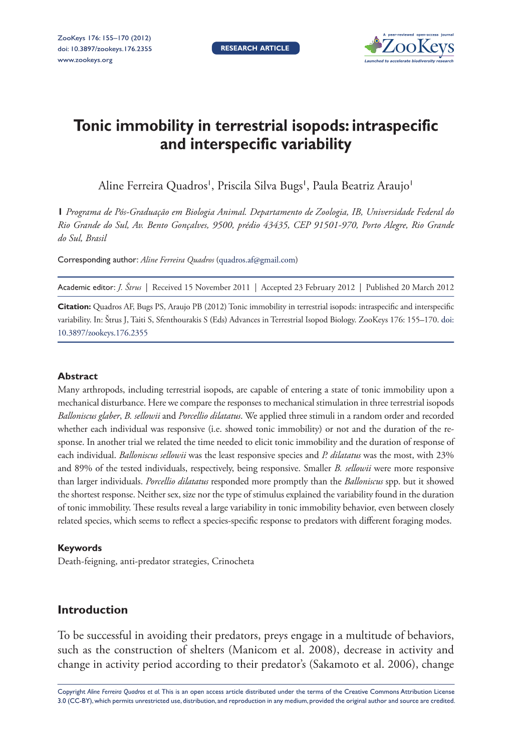 Tonic Immobility in Terrestrial Isopods: Intraspecific and Interspecific Variability