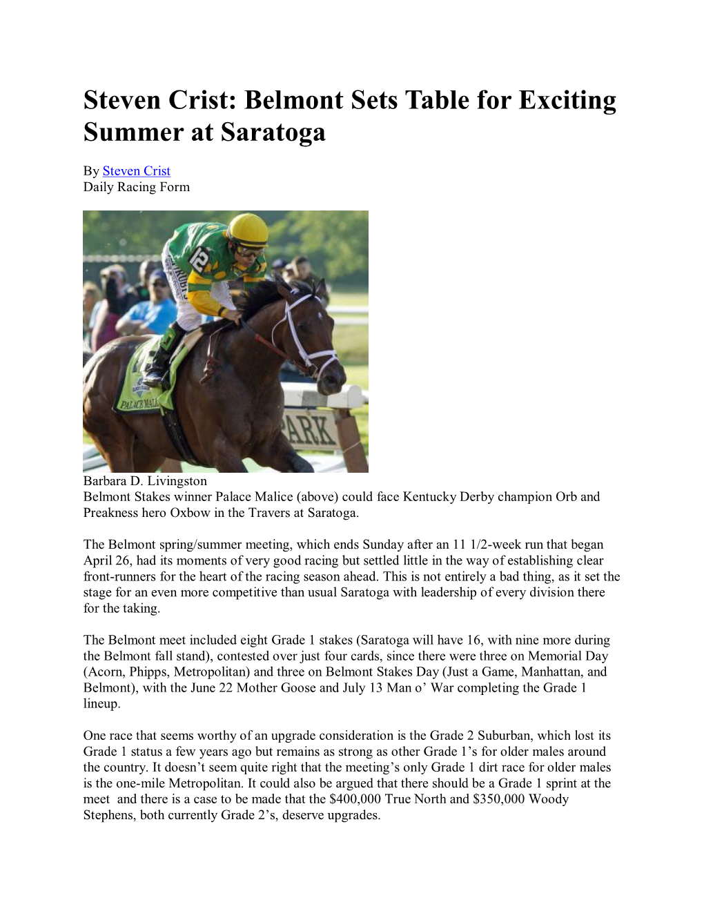 Steven Crist: Belmont Sets Table for Exciting Summer at Saratoga