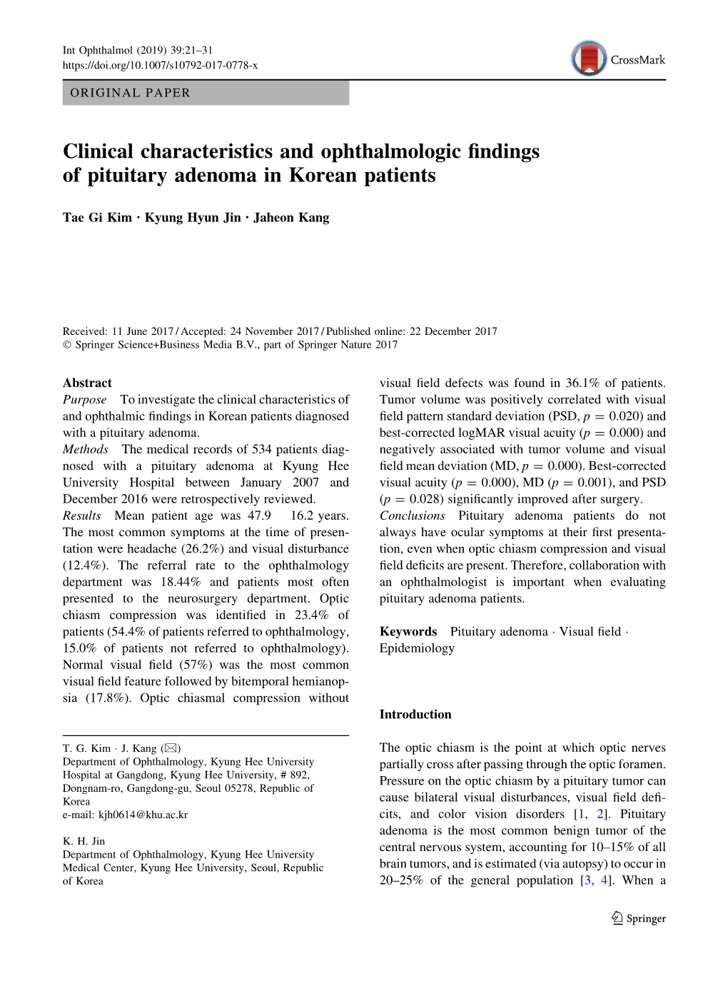 Clinical Characteristics and Ophthalmologic Findings of Pituitary