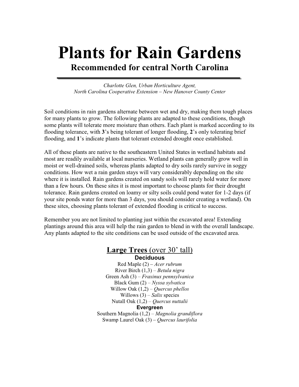 Plants for Rain Gardens Recommended for Central North Carolina