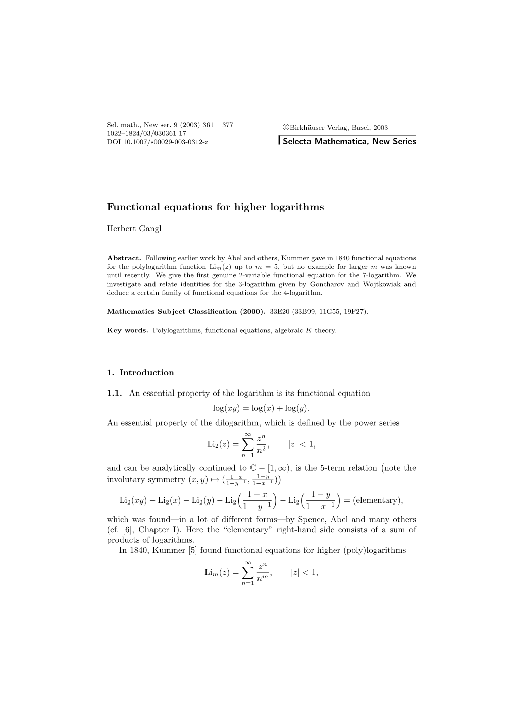 Functional Equations for Higher Logarithms