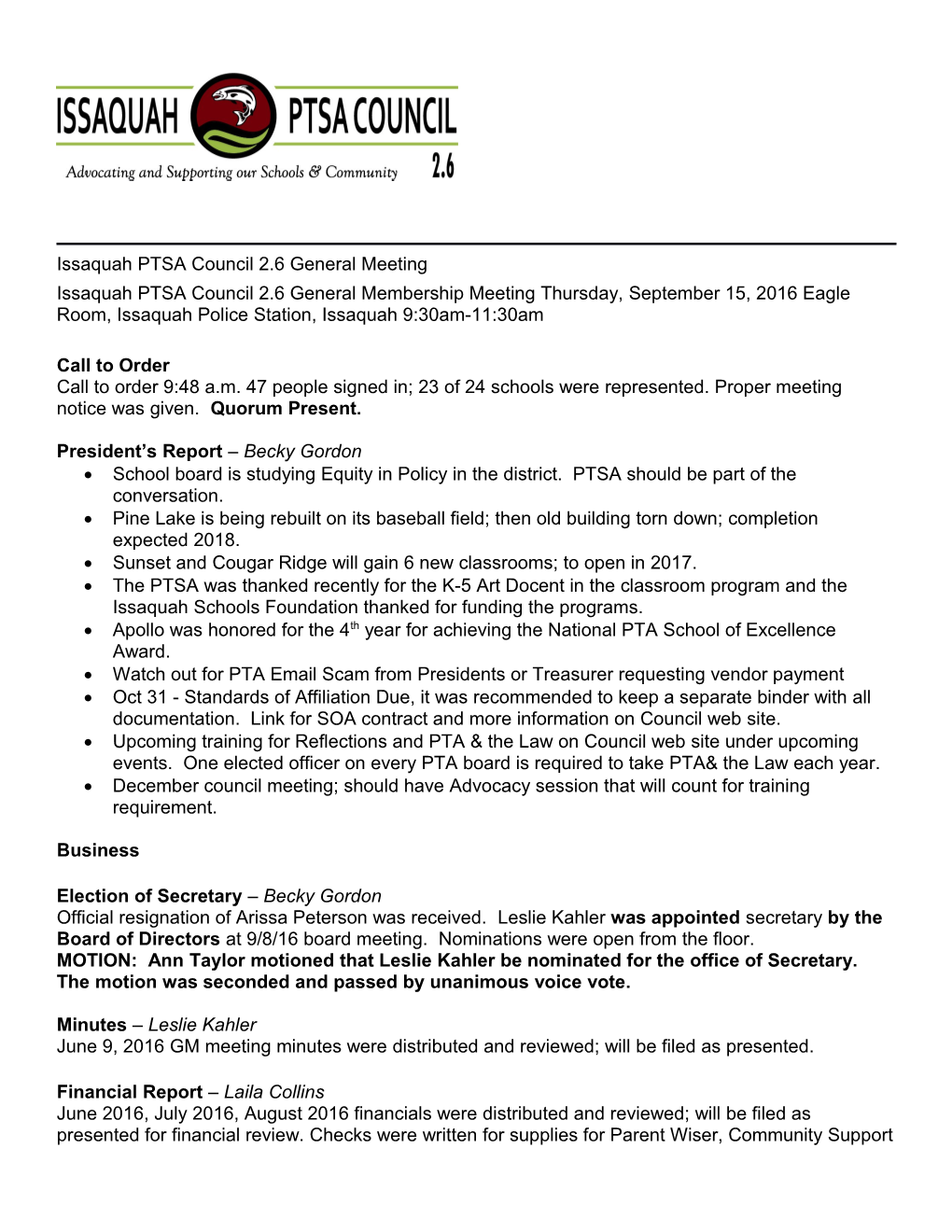 Issaquah PTSA Council 2.6 General Meeting