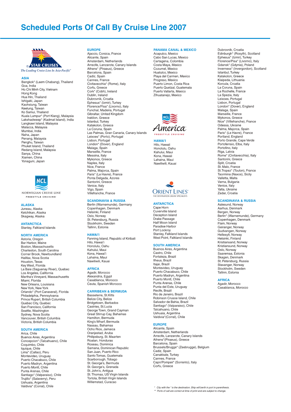 Scheduled Ports of Call by Cruise Line 2007