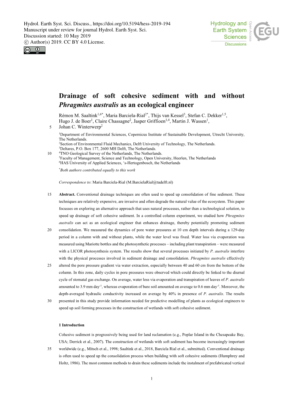 Drainage of Soft Cohesive Sediment with and Without Phragmites Australis As an Ecological Engineer Rémon M