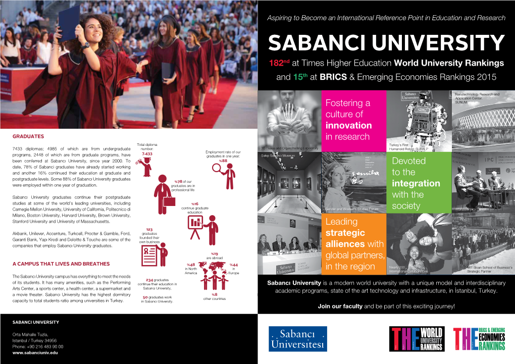 SABANCI UNIVERSITY 182Nd at Times Higher Education World University Rankings and 15Th at BRICS & Emerging Economies Rankings 2015