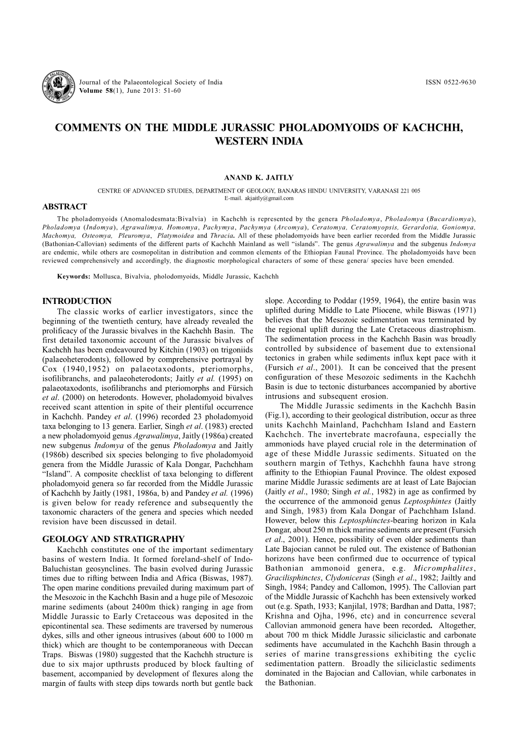 Comments on the Middle Jurassic Pholadomyoids of Kachchh, Western India