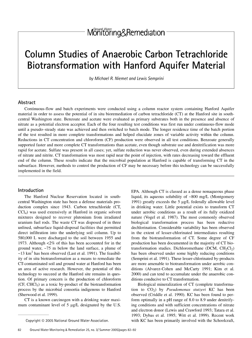 Column Studies of Anaerobic Carbon Tetrachloride Biotransformation with Hanford Aquifer Material