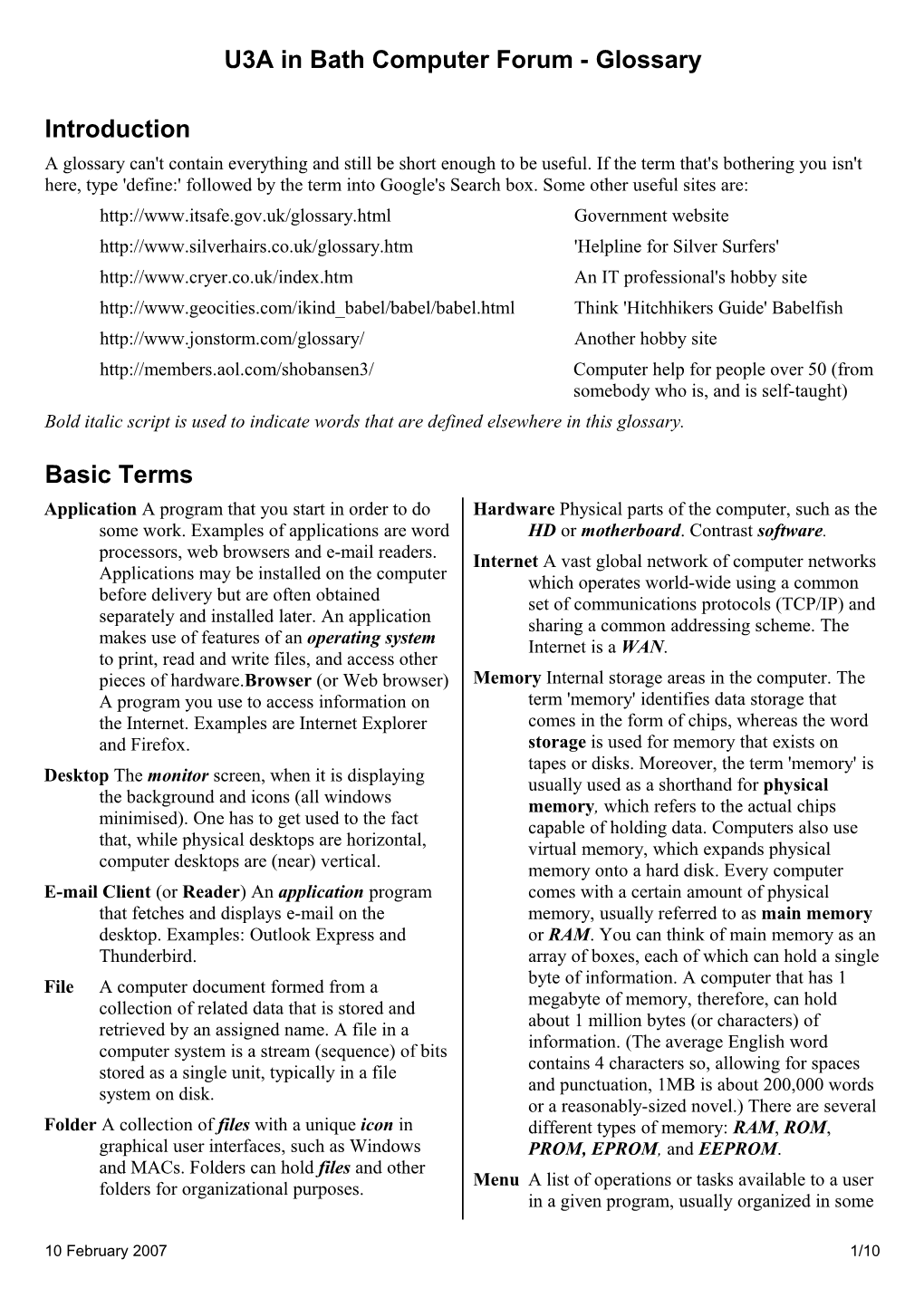 U3A in Bath Computer Forum - Glossary