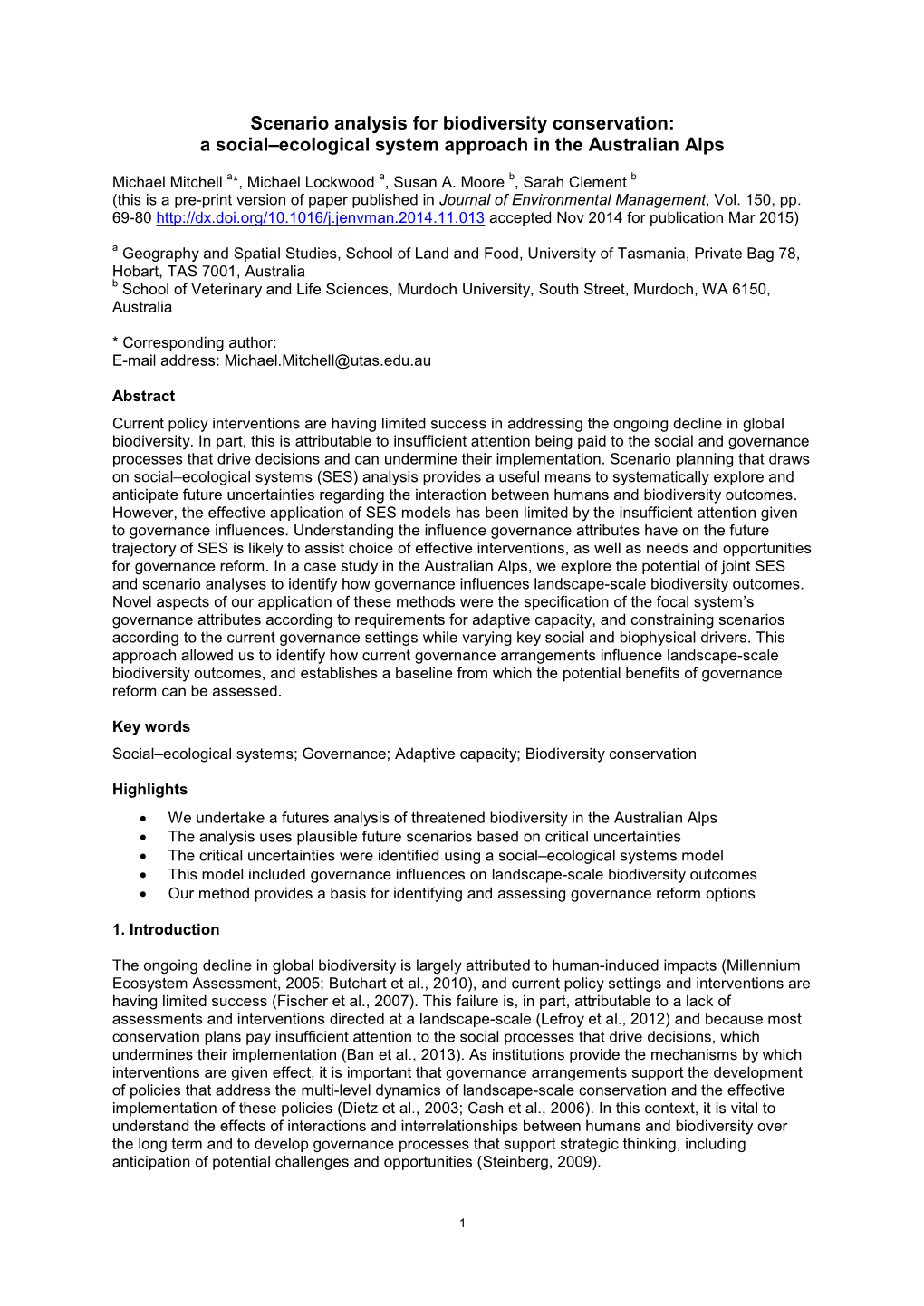 A Social–Ecological System Approach in the Australian Alps