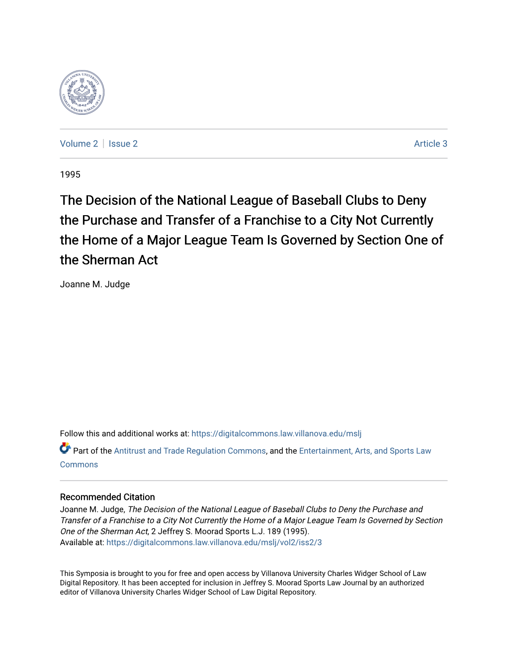 The Decision of the National League of Baseball Clubs to Deny The