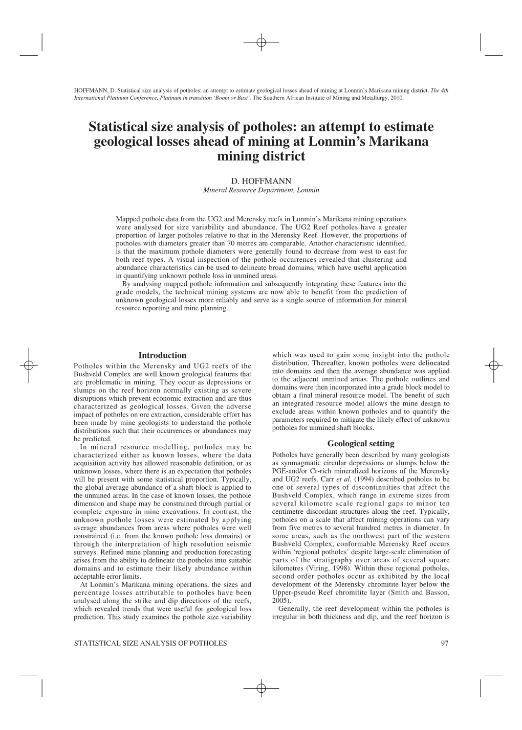 Statistical Size Analysis of Potholes: an Attempt to Estimate Geological Losses Ahead of Mining at Lonmin’S Marikana Mining District