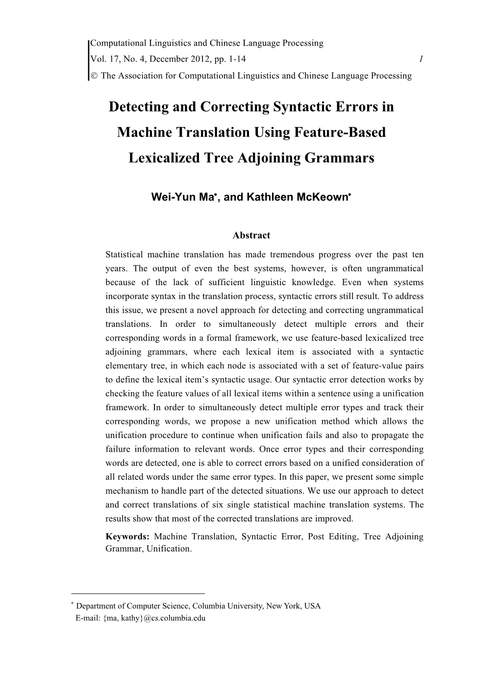 Detecting and Correcting Syntactic Errors in Machine Translation Using Feature-Based Lexicalized Tree Adjoining Grammars