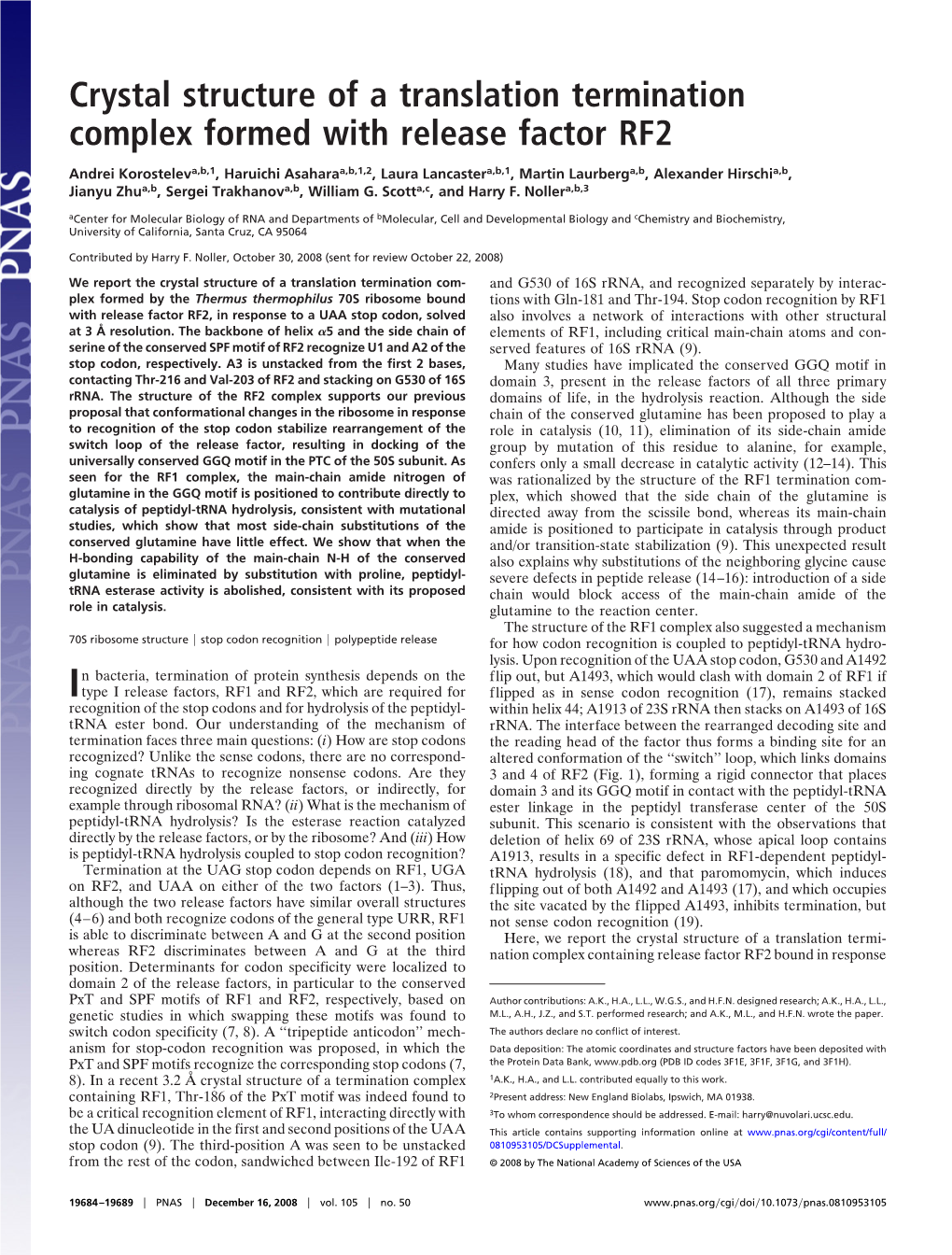 Crystal Structure of a Translation Termination Complex Formed with Release Factor RF2