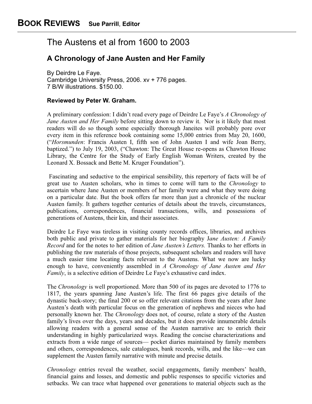 A Chronology of Jane Austen and Her Family