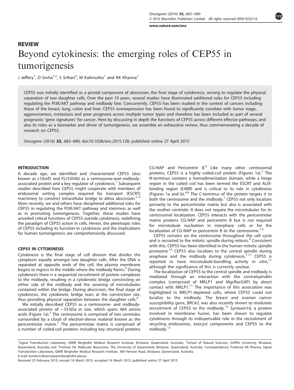 Beyond Cytokinesis: the Emerging Roles of CEP55 in Tumorigenesis