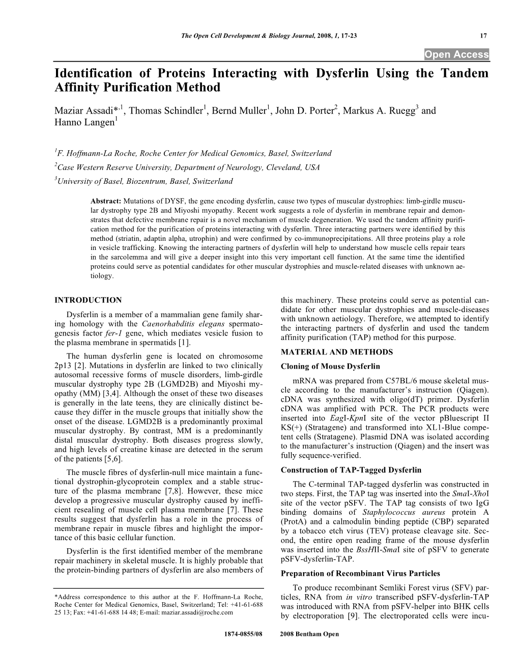 Identification of Proteins Interacting with Dysferlin Using the Tandem Affinity Purification Method