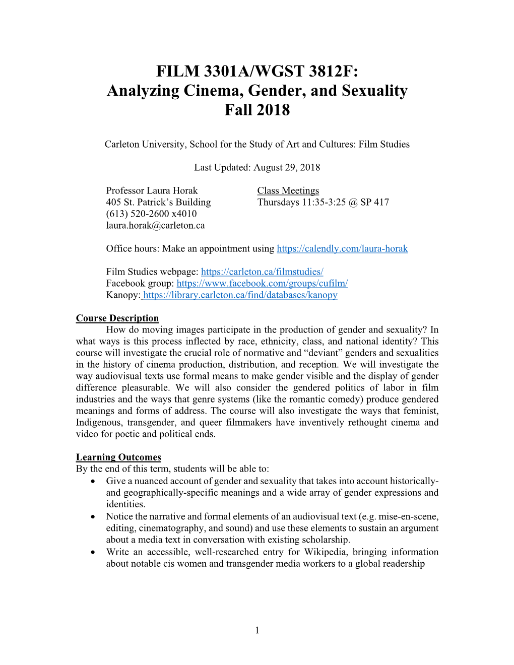 FILM 3301A/WGST 3812F: Analyzing Cinema, Gender, and Sexuality Fall 2018