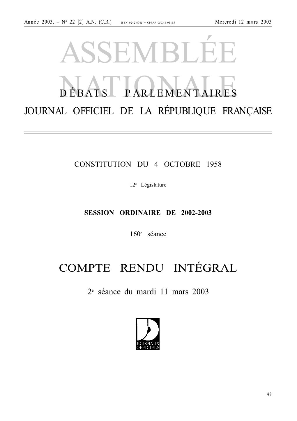 Assemblée Nationale Débats Parlementaires Journal Officiel De La