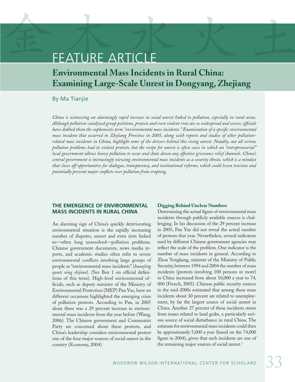 Feature Article Environmental Mass Incidents in Rural China: Examining Large-Scale Unrest in Dongyang, Zhejiang