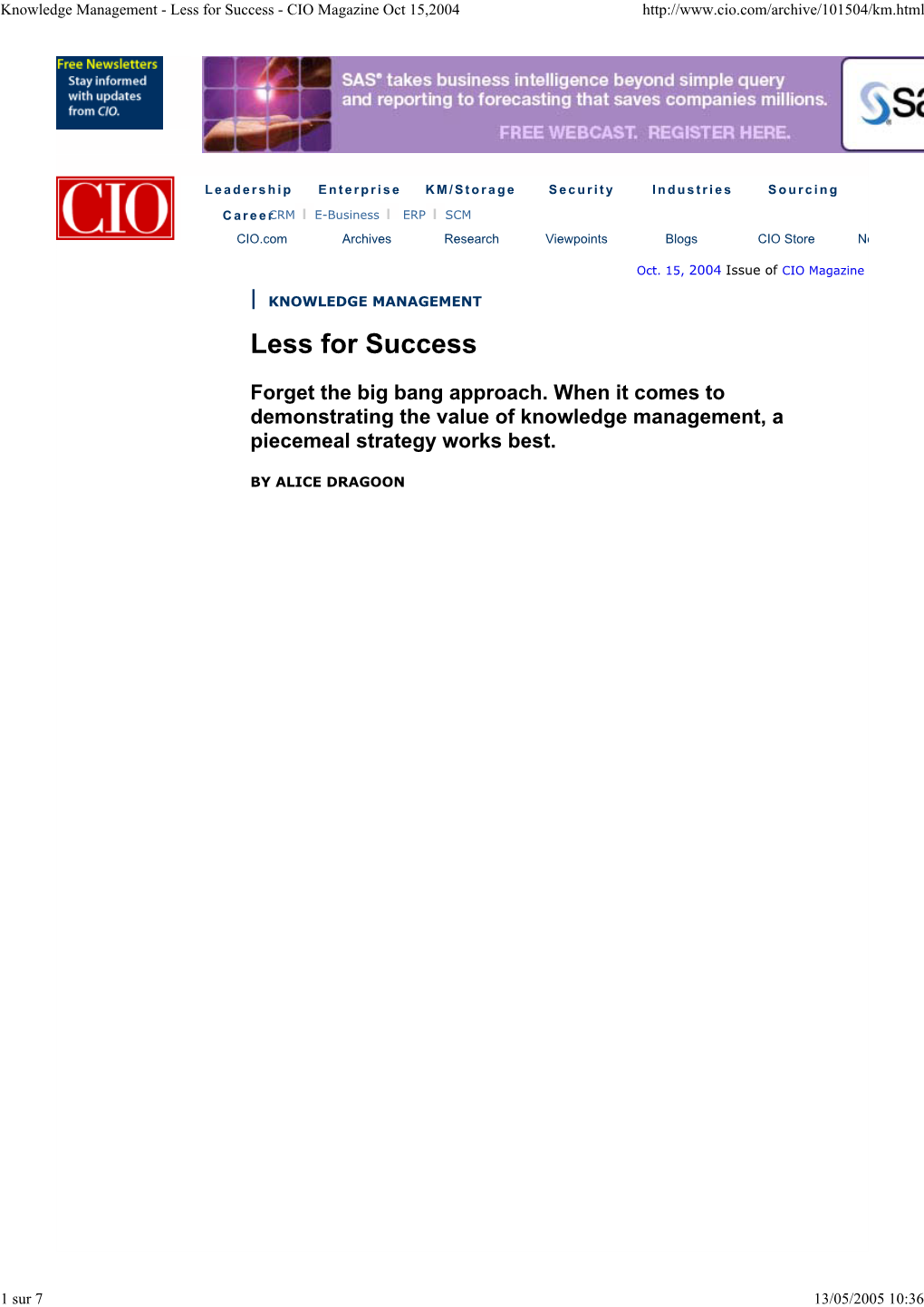 Knowledge Management - Less for Success - CIO Magazine Oct 15,2004