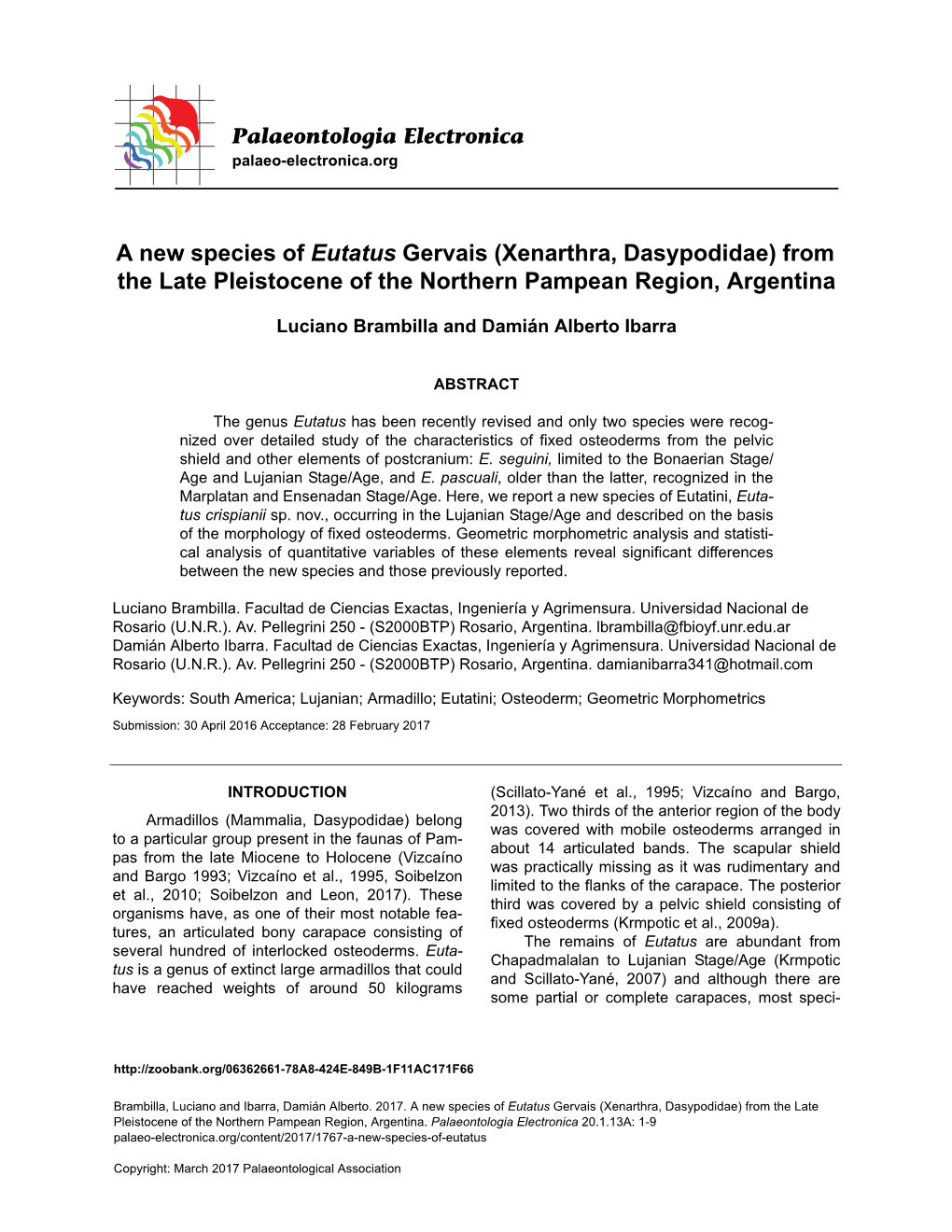 A New Species of Eutatus Gervais (Xenarthra, Dasypodidae) from the Late Pleistocene of the Northern Pampean Region, Argentina