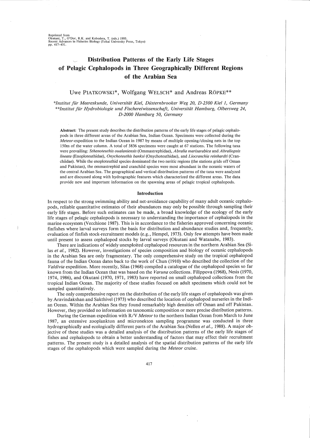 Distribution Patterns of the Early Life Stages of Pelagic Cephalopods in Three Geographically Different Regions of the Arabian Sea