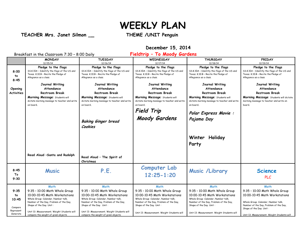 Summer School Weekly Plan s1