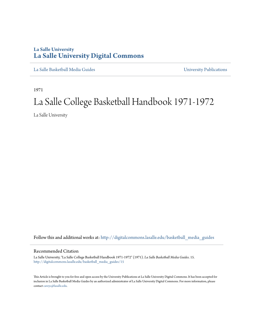 La Salle College Basketball Handbook 1971-1972 La Salle University