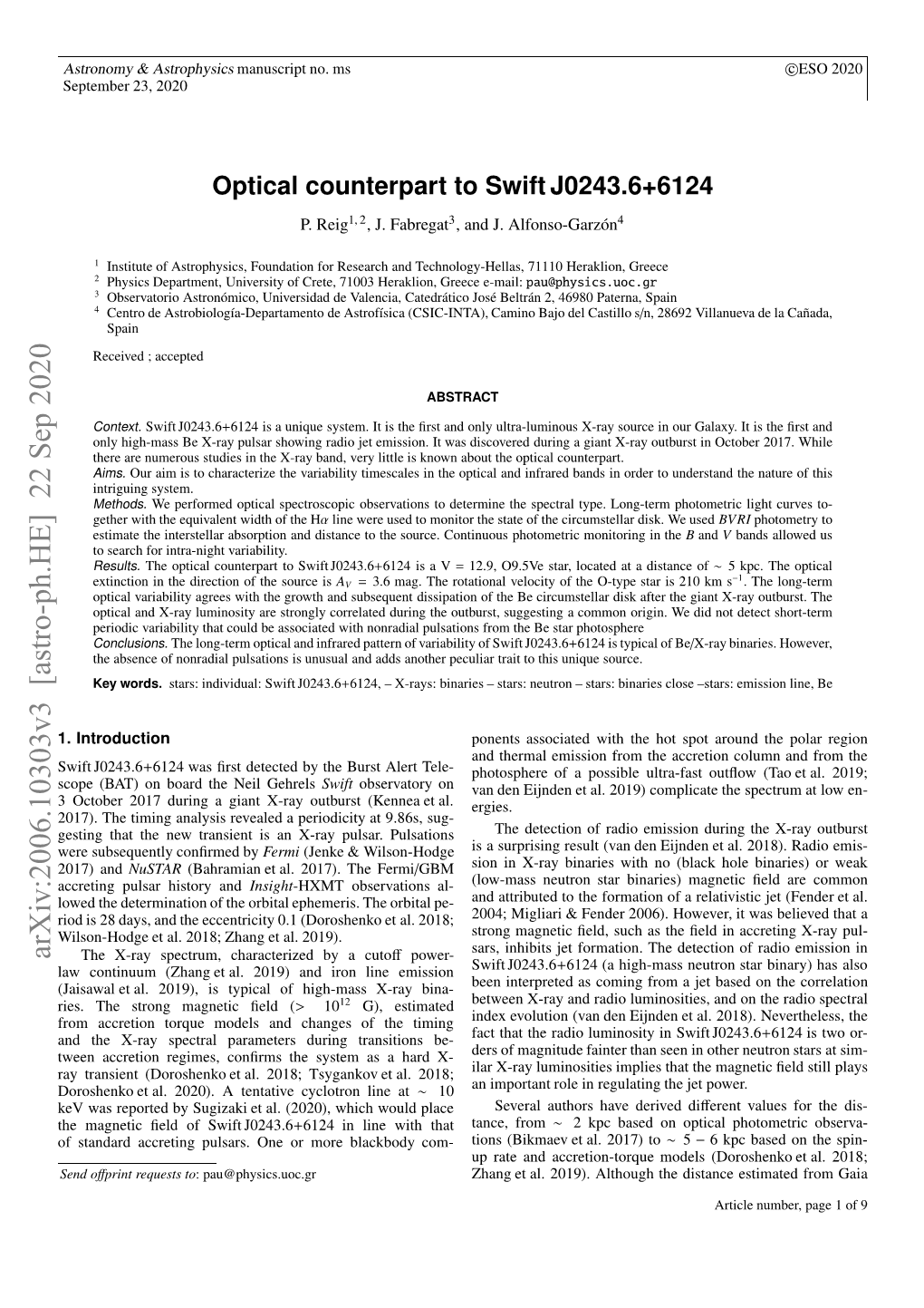 Optical Counterpart to Swift J0243. 6+ 6124