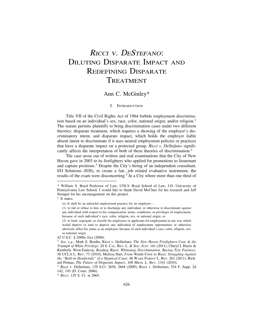 Ricci V. Destefano: Diluting Disparate Impact and Redefining Disparate Treatment