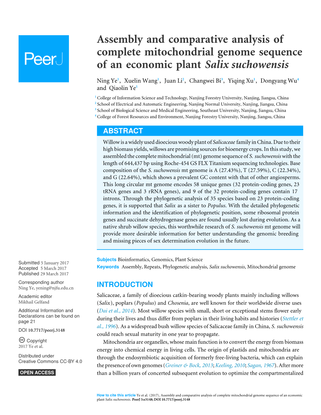 Assembly and Comparative Analysis of Complete Mitochondrial Genome Sequence of an Economic Plant Salix Suchowensis