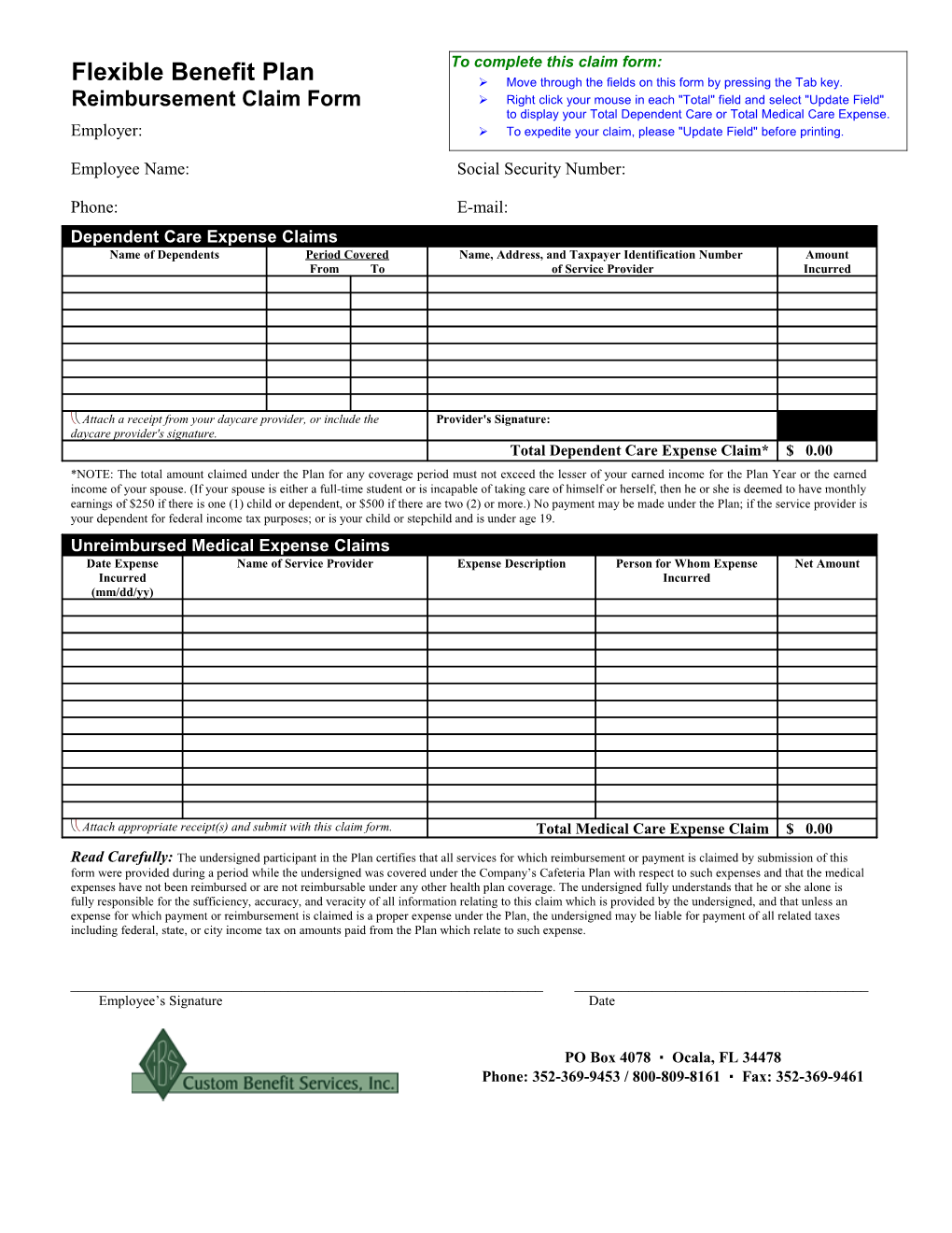 Custom Benefits Flexible Benefit Plan Claim Form