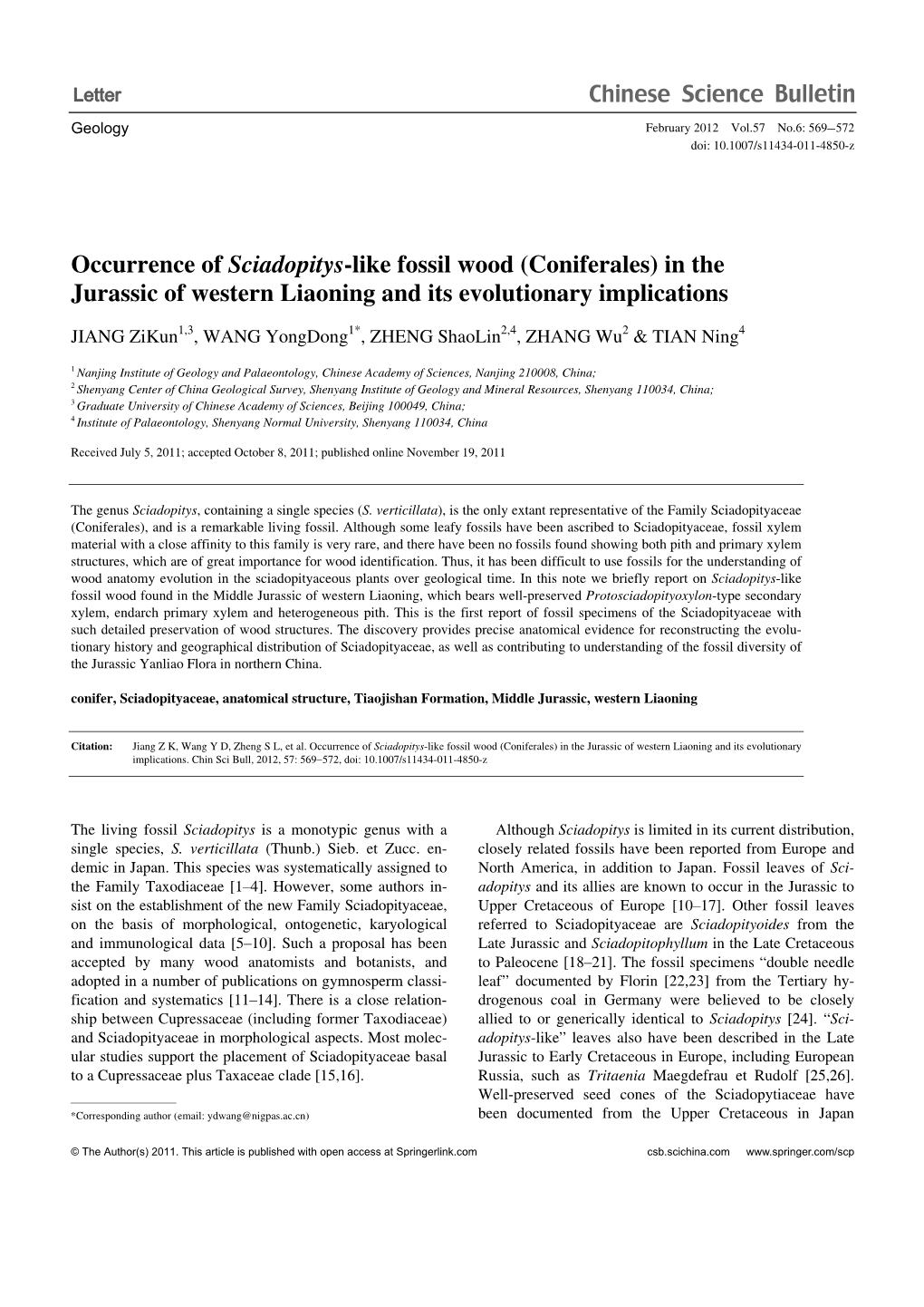 Occurrence of Sciadopitys-Like Fossil Wood (Coniferales) in the Jurassic of Western Liaoning and Its Evolutionary Implications