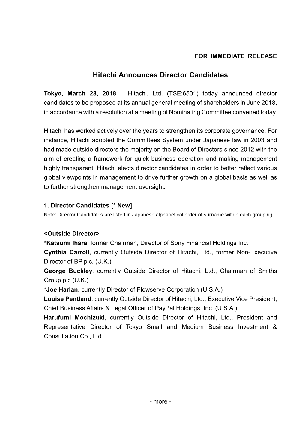 Hitachi Announces Director Candidates