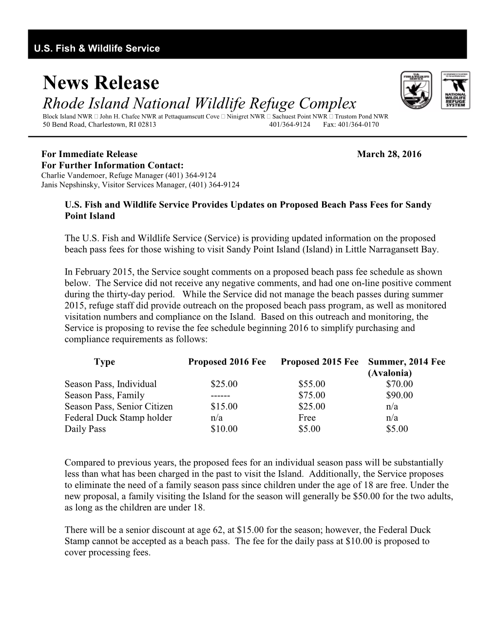 News Release Rhode Island National Wildlife Refuge Complex Block Island NWR � John H