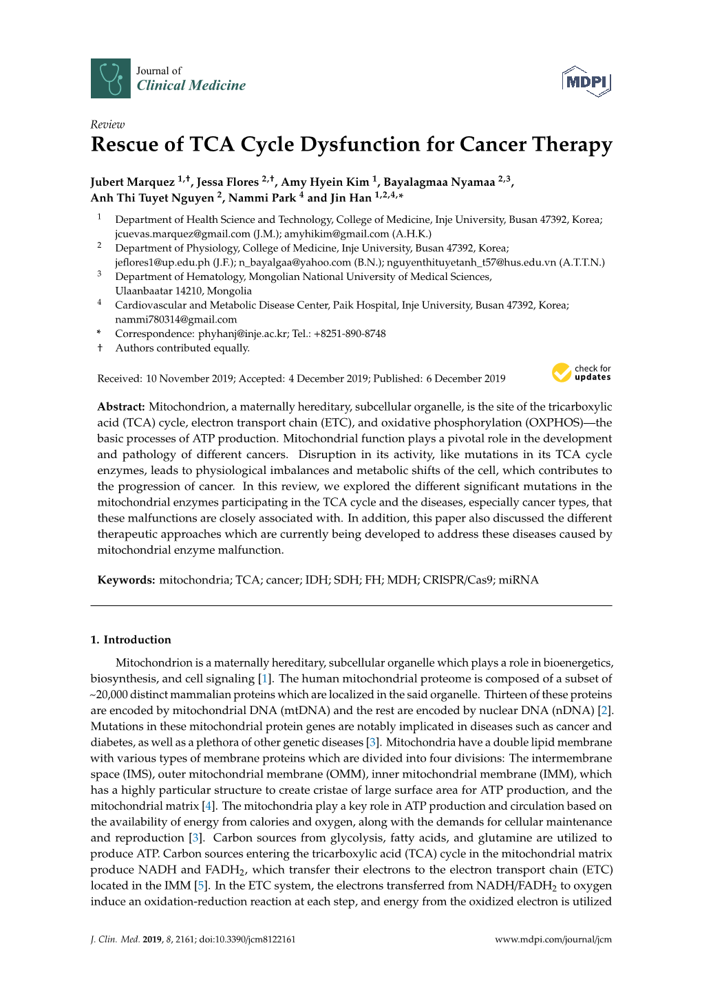 Rescue of TCA Cycle Dysfunction for Cancer Therapy