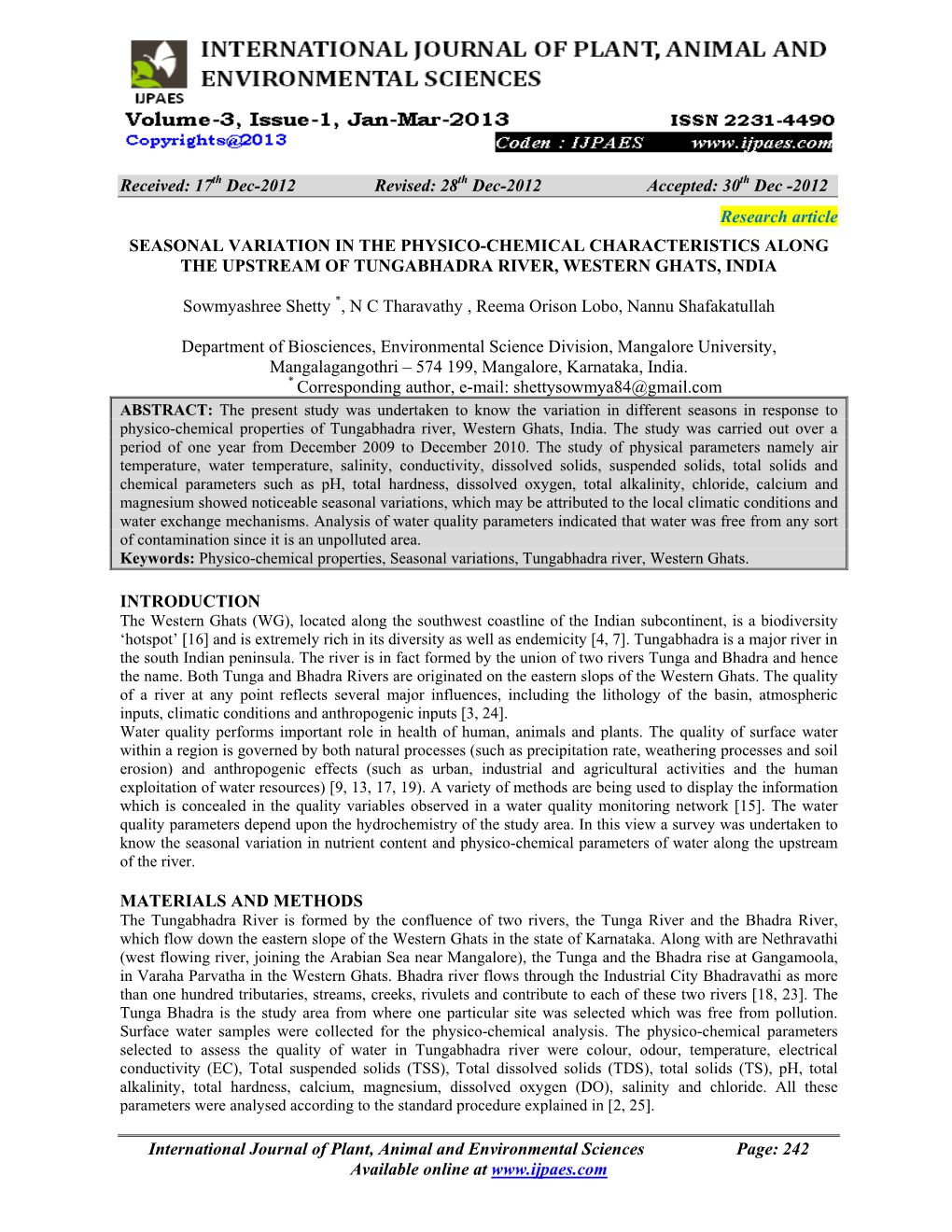 Seasonal Variation in the Physico-Chemical Characteristics Along the Upstream of Tungabhadra River, Western Ghats, India